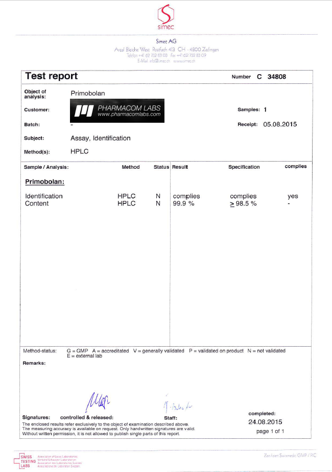 PHARMA PRIM 100 Primobolan - purity report